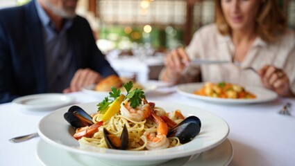 Seafood pasta linguine with mussels and shrimp served on a table in a restaurant with a blurred couple dining during a romantic lunch date, enjoying fresh italian food