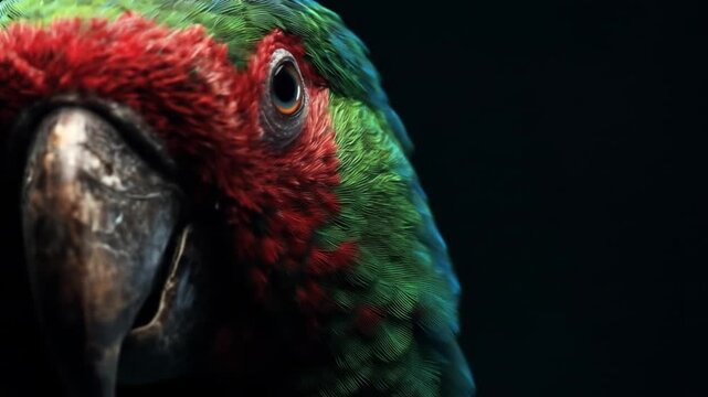 Close up of a colorful parrot with vibrant feathers and detailed eye