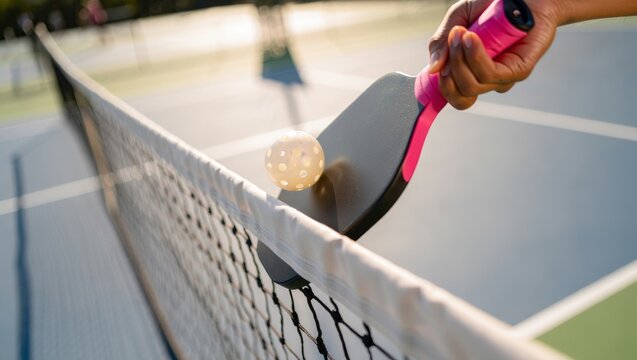 Player hitting pickleball ball over net during competitive game, demonstrating a dink shot close to the non volley zone line on an outdoor court