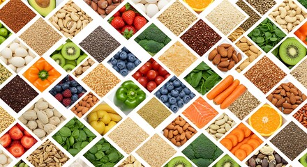 A vibrant mosaic of fresh, healthy, and natural foods arranged in a grid pattern for a wholesome diet