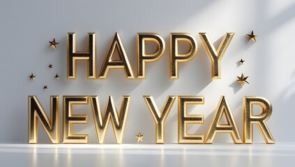 Typography Happy New Year in elegant golden letters on a white wall with a shiny white floor.