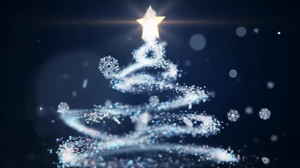 Mesmerizing CGI animation: iridescent silver particles coalesce to form a majestic Christmas tree with a pulsing golden star, against a midnight blue winter sky with falling snowflakes. Holiday - Powered by Adobe