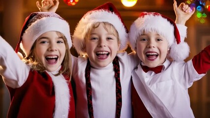 Three cheerful children in santa hats celebrating christmas with joy and fun - Powered by Adobe