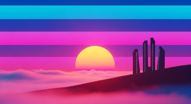 Synthwave Sunset - A Retro-Futuristic Landscape with Neon Hues and Stone Pillars.