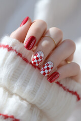 Woman's hand showing checkered red white glitter nails
