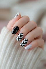 Woman's hand showing checkerboard manicure nail art beauty