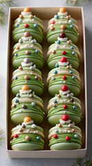 Festive christmas tree macarons arranged in gift box