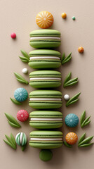 Green macarons forming christmas tree holiday dessert