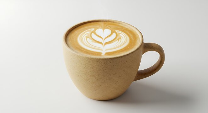 A freshly made hot latte with beautiful milk foam art in a rustic ceramic mug on a white table