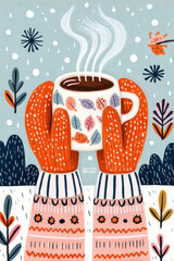 Hands holding warm coffee mug in winter snow