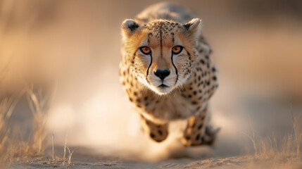 Cheetah head-on running fast on dusty savannah