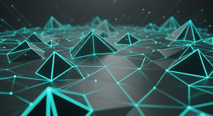 Digital network connecting glowing pyramids on dark surface