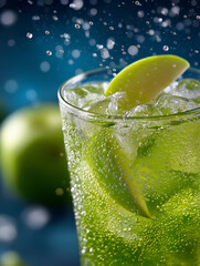 Refreshing green apple soda splashing with ice and bubbles