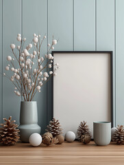 Minimalist winter decor mock-up with blank frame