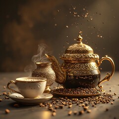 An ornate golden teapot and a steaming cup of hot coffee surrounded by roasted beans, capturing the essence of a traditional warm beverage ceremony