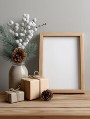 Blank frame mockup with winter festive gifts