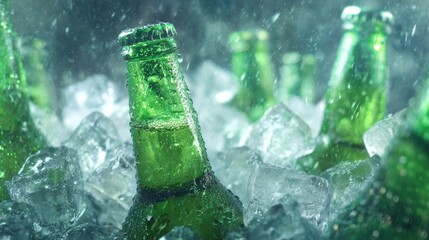 Refreshing cold beer bottles in green glass surrounded by crushed ice, condensation drops and bright lighting, perfect summer alcohol beverage concept for bar advertising, celebration or drink brandin