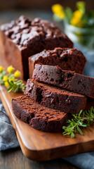 Sliced chocolate loaf cake on wooden board