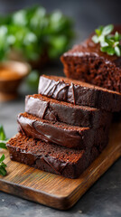 Chocolate ganache loaf cake slices serving on wooden board