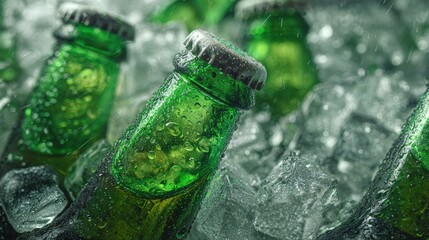 Cold green beer bottles in ice cubes with water drops and condensation, refreshing summer drink concept with bright lighting, perfect alcoholic beverage scene for bar, party or celebration background