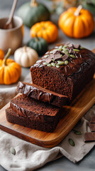 Chocolate pumpkin bread loaf with sliced portions