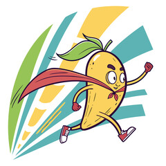 Super Mango running fast with cape and sneakers, happy fruit cartoon character with healthy energy burst