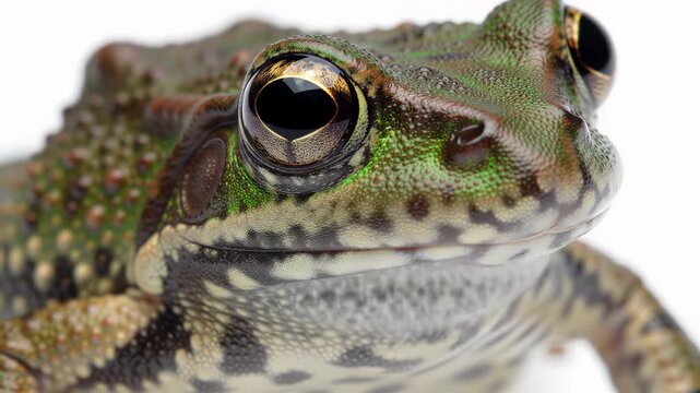 Still, tight macro video of a green leopard frog, isolated on white background, soft lighting, sharp focus on eyes, scientific animal study