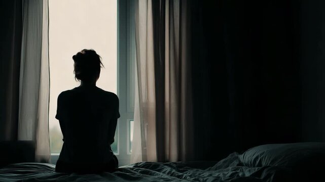 Moody silhouette of a woman sitting on the edge of a bed in a dimly lit room, gazing out of a large window during the day.