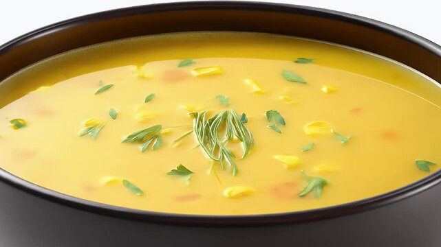 Delicious Creamy Corn Soup in a Black Bowl.