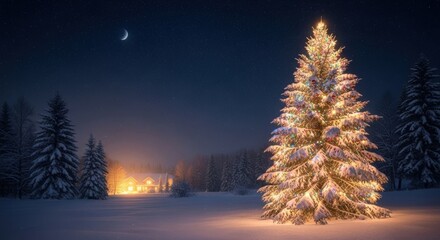 A beautifully decorated christmas tree covered in lights stands tall in a snowy winter landscape under a starry night sky with a crescent moon
