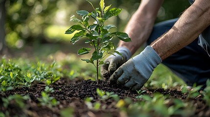 Fototapeta premium Person planting a small tree in fertile soil with gloved hands, close-up view.