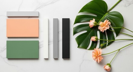 A flat lay composition of color swatches and a monstera leaf with delicate pink flowers on a white marble surface, representing design inspiration