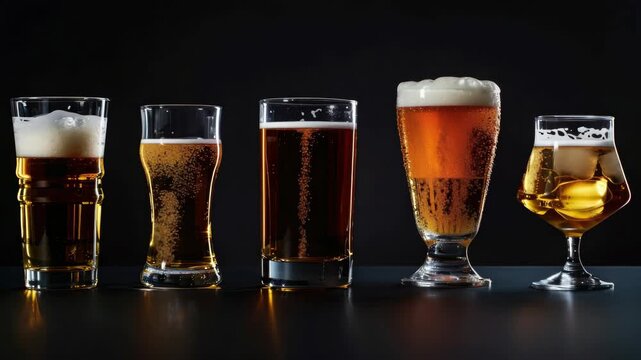Six different glasses of beer on a dark surface