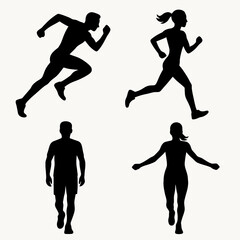 Black vector illustrations of running men and women in various speeds and poses, ideal for sports, fitness, and health design concepts.