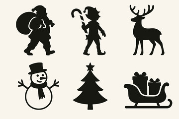 Black vector illustration set of festive Christmas silhouettes, perfect for holiday decorations, cards, and seasonal designs.