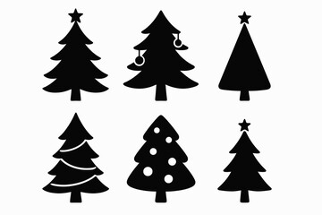 Set of six black vector silhouettes of Christmas trees with stars, featuring classic, modern, and vintage designs for festive decoration.