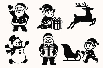 Set of six black vector silhouettes of Christmas characters in motion, including Santa, elves, reindeer, and snowmen, joyful festive poses.