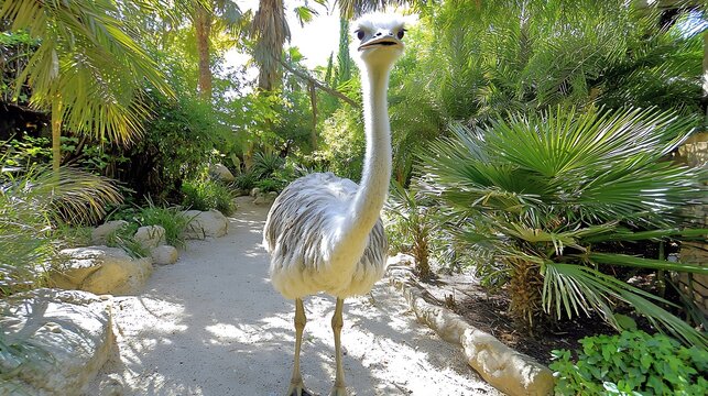 Elegant Rhea Bird Strolling Through Lush Greenery.