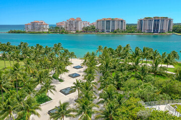 Fisher Island and Miami Beach South Pointe park aerial view