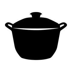 Black silhouette illustration of a covered cooking pot with handles and lid knob