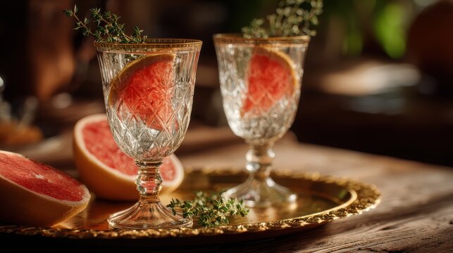 Luxury grapefruit cocktail with ice served in crystal glass on golden tray, refined mixology drink, premium bar atmosphere, elegant alcoholic beverage, stylish aperitif for fine dining