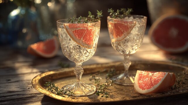 Stylish grapefruit cocktail in crystal glass with ice, luxury alcoholic drink on golden tray, premium bar and mixology concept, elegant aperitif, refined lifestyle beverage photography