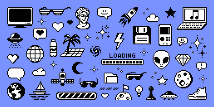Pixel art y2k vector collection with technology, space, nature, and pop culture icons. Retro game style design for nostalgic projects.