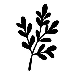 Stylized black silhouette of a plant stem with leafy branch structures