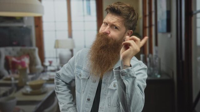 Bearded man holds palm up wearing denim jacket with red beard in living room setting beside coffee table under lamp; impatience frustration annoyance restlessness.