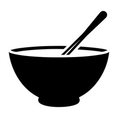 Minimalist illustration of a black bowl with a spoon on white background