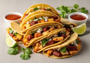 Delicious Mexican Tacos with Chicken, Pork, Pineapple, Cilantro, and Onion, Served with Salsa