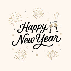 new year illustration, happy new year lettering, fireworks, sparkles, party, champagne glasses. beige, black