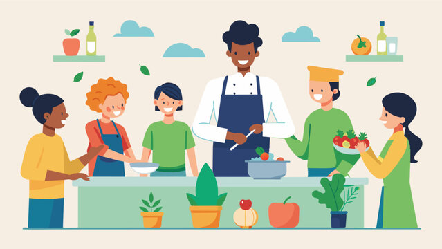 A cooking class focused on teaching healthy meal preparation techniques inspiring attendees to create wholesome meals at home.. Vector illustration