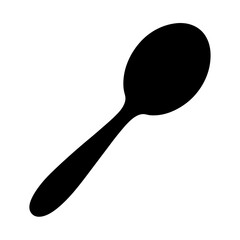 A simple black silhouette of a spoon depicted on a white background